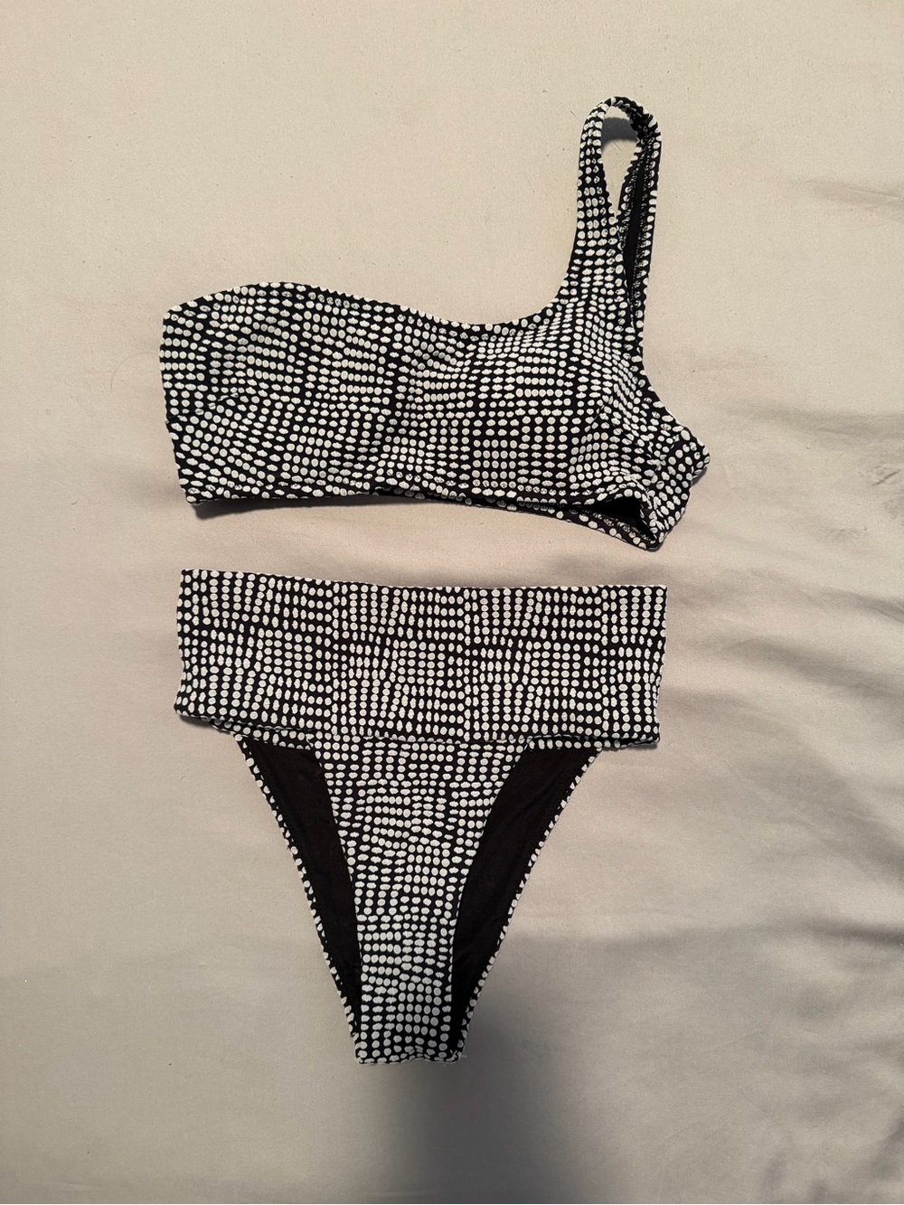 Aerie Textured Black & White One-Shoulder Dot Print Bikini Set